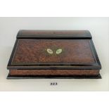 Inlaid marquetry writing box with velvet interior and 2 glass inkwells, 13.5” long x 10” wide x 3.5”