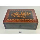 Inlaid marquetry box with satinwood interior, 13” long x 9” deep x 4.5” high