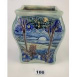 Royal Doulton Lambeth stoneware square vase with owl, moon, wood, lake, sunbirds design, 4.5” square