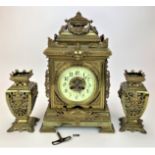 3 piece brass clock set comprising 2-hole enamel and brass faced bracket clock (surface scratch on