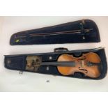 Violin, unnamed, 14.5” back with bow in Reliance leather case (damaged)