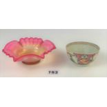 Pink Vaseline glass dish 5.5” diameter and unmarked oriental cup