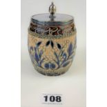 Doulton Lambeth Tobacco Barrel with silver plated fittings, c. 1881. 4” high plus finial