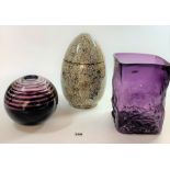 3 large glass ornaments – purple glass square vase 7” sq x 10”high, round purple striped glass