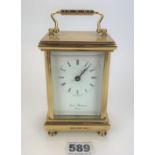 Brass carriage clock by Thomas Braithwaite, London. Battery run. 4.5” high