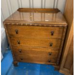 Carved oak 4 drawer chest with drop handles, 30”w x 18”d x 37”h