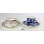 Royal Crown Derby blue/white cup & saucer and Royal Crown Derby blue/gilt cup (cracked) & saucer
