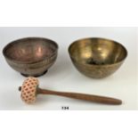 Brass Buddhist singing bowl 9.5” diameter, copper engraved bowl 8.5” diameter and wooden gong