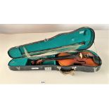 Violin marked MV001, made in China. 14.5” back, in hard case with bow (unmarked)