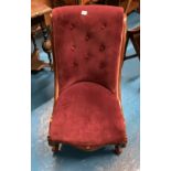 Nursing chair with cabriole legs and purple upholstery. 22”w x 21”d x 36”h