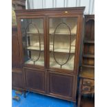 Mahogany inlaid glass fronted china cabinet with base cupboard on legs, 42” w x 13.5” d x 67” h