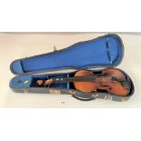 Violin marked MV005, made in Canton, China. 14.5” back, in hard case