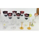 Set of 6 ruby red and clear glasses, 5 coloured glasses, small glass vase and an etched glass