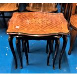 Italian style inlaid nest of 3 tables with glass tops, largest 24”w x 18” x 23”h