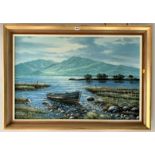 Oil on canvas of mountains, lake and boat scene, signed by Tom Boyle, with certificate. Image 35”