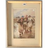 Watercolour ‘The Filther Pickers’ signed by John Cecil Lund, early Staithes artist. Image 10” x 13.