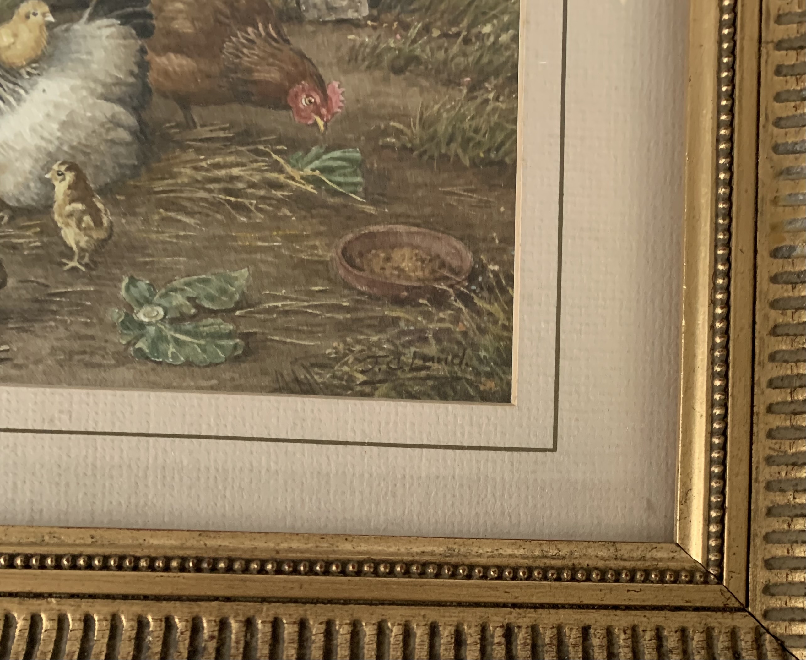 Watercolour of chickens signed by J.C.Lund. image 10.5” x 8.5”, frame 18” x 15.5” - Image 2 of 3