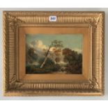 Oil on board of landscape with figures and packhorse, unsigned. Image 10.5” x 7.5”, frame 19” x 15”