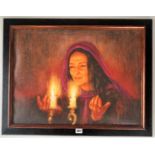 Oil on canvas of woman praying over candlesticks, signed Avril Harris ’07. Image 24” x 18”, frame