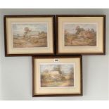 3 watercolours ‘Grandma’s Cottage’, ‘Morning Feed’ and unnamed cottage, all signed by J. C. Lund.