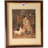 Watercolour ‘Feeding the Chickens’ signed by J. C. Lund. Image 8” x 10”, frame 12.5” x 15.5”