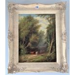 Oil on canvas, forest scene with figure and cattle signed J. Mellor. Image 13.5” x 17.5”, frame