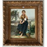 Oil on canvas of girl at water pump, unsigned. Image 19.5” x 23.5”, frame 30.5” x 34.5”