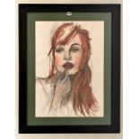 Charcoal and watercolour of Woman & Lipstick, unsigned. Image 31” x 22”, frame 41” x 32”