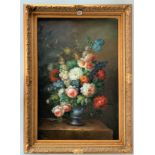 Oil on canvas of vase of flowers, unsigned. Image 24” x 36”, frame 32” x 44”