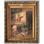 Oil on canvas of domestic scene signed L. Rose. Image 11.5” x 15.5”, frame 17” x 21”. Small tear