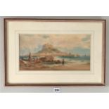 Watercolour of castle and beach signed J.C. Uren, 14” x 7”, frame 20” x 13”