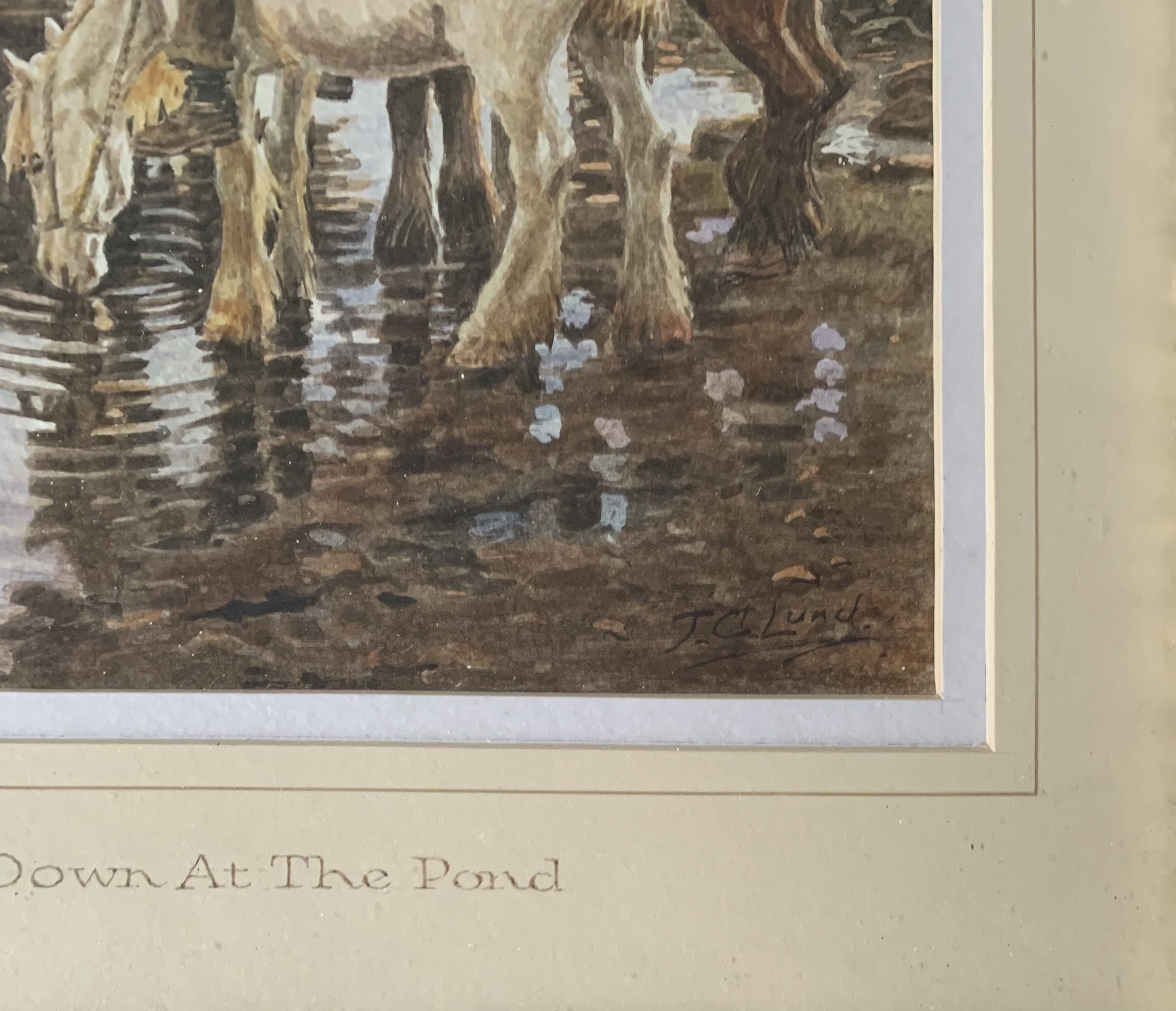 Watercolour ‘Down At The Pond’ signed by J. C. Lund. Image 7.5” x 9.5”, frame 14” x 17” - Image 2 of 2