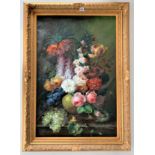 Oil on canvas of still life with flowers, unsigned. Image 24” x 36”, frame 32” x 44”