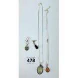 2 silver necklaces with pendants and 2 single earrings, total w: 0.4 ozt