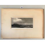 Etching of landscape signed by Edward Wilson and with label on back 1919. Image 11” x 5”. On backing