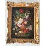 Oil on board of flowers signed Van der Halle?. Image 12.5” x 17.5”, frame 17” x 22”