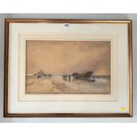 Watercolour of beach and boat signed T. B. Hardy 1889. Image 19.5” x 12”, frame 29” x 22”