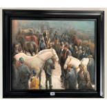 Oil on canvas of horse traders signed L. Smith 2013. Image 23.5” x 20”, frame 28.5” x 24.5”