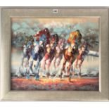 Oil on canvas of racehorses and jockeys, signed. Image 24” x 20”, frame 29” x 25”