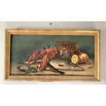 Oil painting on canvas – still life with lobster. Unsigned. Image 23.5” x 11.5”, frame 26.5” x 14.