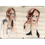Pair of unframed mixed media (charcoal, watercolour, acrylic) portraits of women. Unsigned. 23.5”