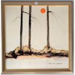 Oil on canvas of trees signed by Richard Akerman. Image 30” x 30”, frame 34” x 34”