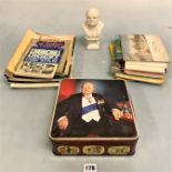 Box of Churchill items including 35 magazines and softbacks, ceramic bust of Churchill 9” high and