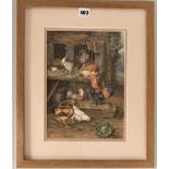 Watercolour of chickens and rabbits signed by J. C. Lund. Image 8.5” x 12”, frame 15” x 18.5”