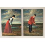 Pair of oil paintings on board of golfers, man and woman by Graham Henry. Unframed 12” x 16”