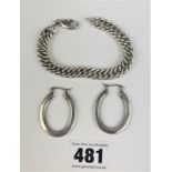 Silver bracelet and pair of silver hoop earrings, total w: 1.2 ozt