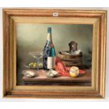 Oil on canvas, still life with champagne and lobster, signed Brian Davis with information on back