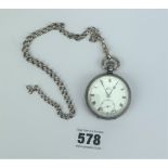 Silver pocket watch ‘Kay’s Keyless Triumph’, r, with silver chain. Total w: 3.7 ozt. Not running