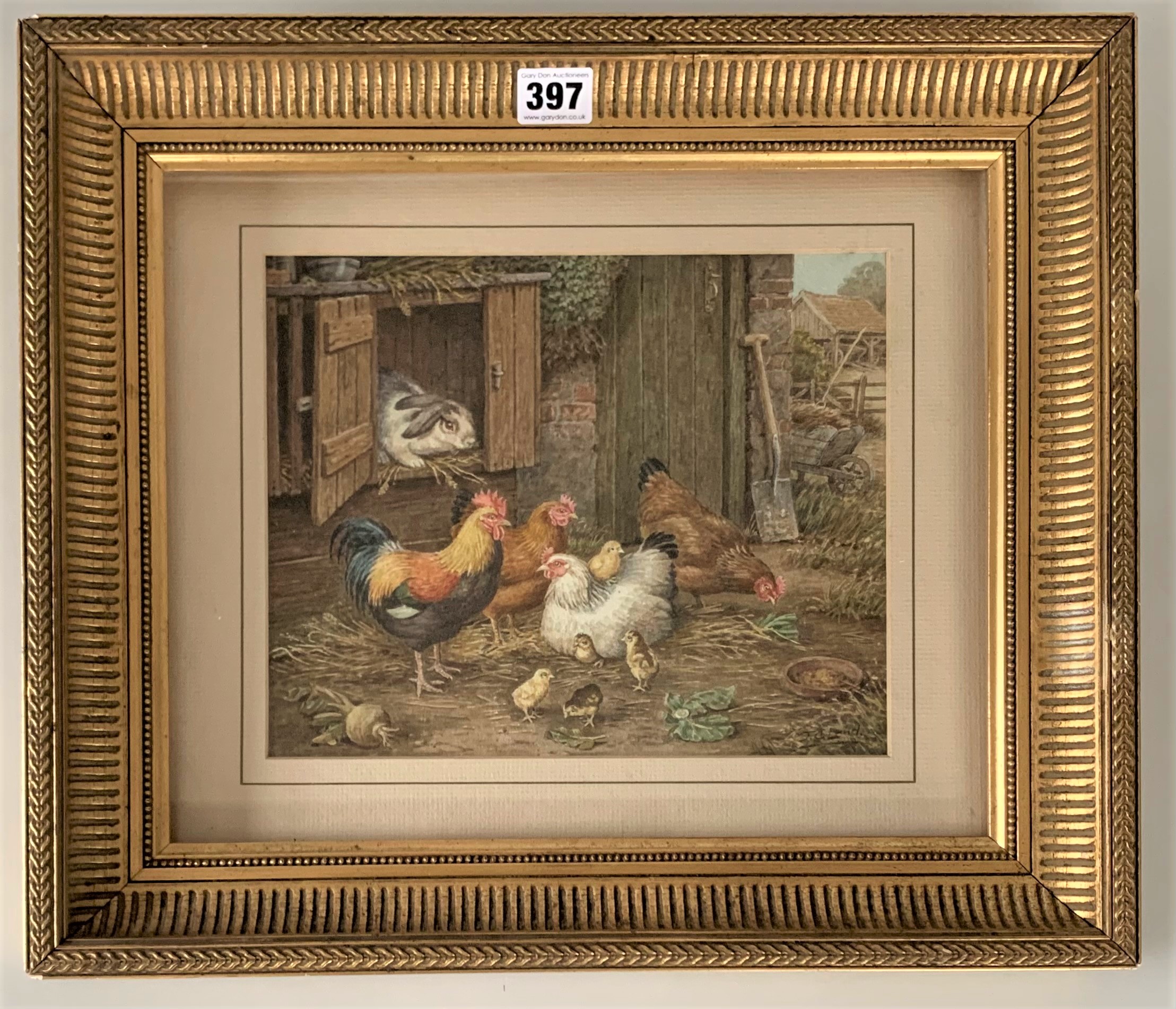 Watercolour of chickens signed by J.C.Lund. image 10.5” x 8.5”, frame 18” x 15.5”