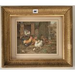 Watercolour of chickens signed by J.C.Lund. image 10.5” x 8.5”, frame 18” x 15.5”